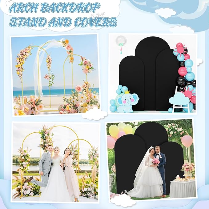 FOTSHARER Wedding Arch Backdrop Stand and Black Arch Covers Stretchy Backdrop Set of 3 (7.2FT, 6.6FT, 6FT) Metal Arched Stand with Spandex Arch Covers for Graduation Ceremony Bridal Shower Event Decor