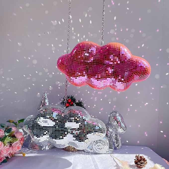 Pink Disco Ball Cloud Shaped, Hanging Disco Decor for Party,Room,Home, Retro Reflective Mirror Ball with Chain, Disco Ornaments, Design Patent