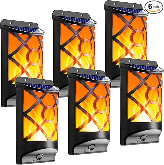 6 Pack Solar Flame Lights Outdoor Waterproof - Realistic 3D Flickering Flame Wall Lantern with 66 Ultra-Bright LEDs - Auto On/Off Fire Effect Lighting for Fence, Patio, Garden Decor