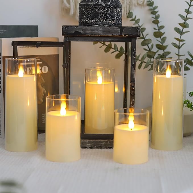 Fo32won Ivory White LED Flameless Pillar Candles Battery Operated with Remote and Timer, Pack of 5 (D 3"×H 4" 5" 6" 8" 8") Decorative Plexiglass Flickering Candles with 3D Flame