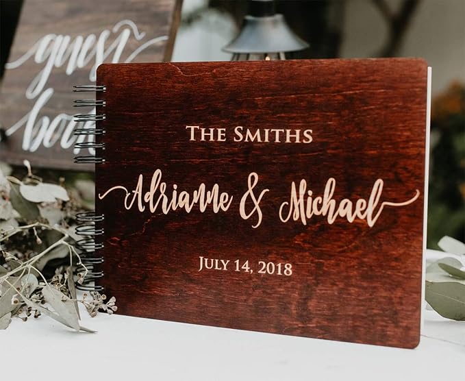 Wooden Wedding Guest Book (8.5"x 7" Mahogany Stain) Personalized Wood Rustic Charm Engraved for Bride and Groom Vintage Monogrammed Unique Anniversary Bridal Guest Registry Guestbook Made in USA