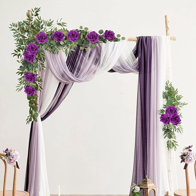 MACTING 4 Pack 26.4FT Eucalyptus Garland with Lights - Spring Gypsophila Flower Garlands with 48 Purple Roses Artificial Floral Greenery Vines for Arch Table Centerpieces Backdrop Party Wedding Decor