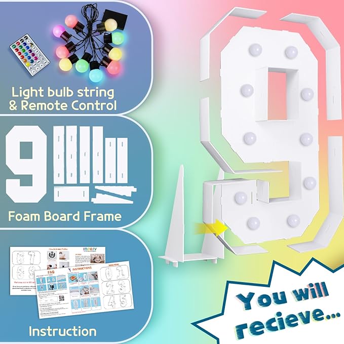 imprsv 4FT Colorful Marquee Numbers,18 Colors Number 9 with Remote, Light Up Sign for 8th Birthday Decorations Anniversary Party Decor, Pre-Cut Foam Board Kit, Mosaic Sign for Balloon