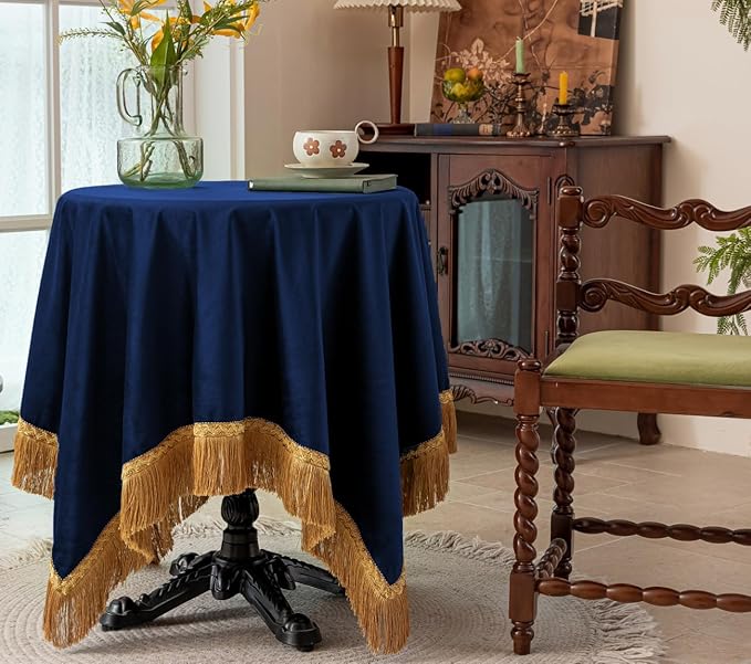 F-CHU Blue Tablecloth Thickset Velvet Tablecloth with Beautiful Gold Tassels Vintage Table Cloth for Home Decor Wedding, Party, Banquet and Events 60x60-Inch