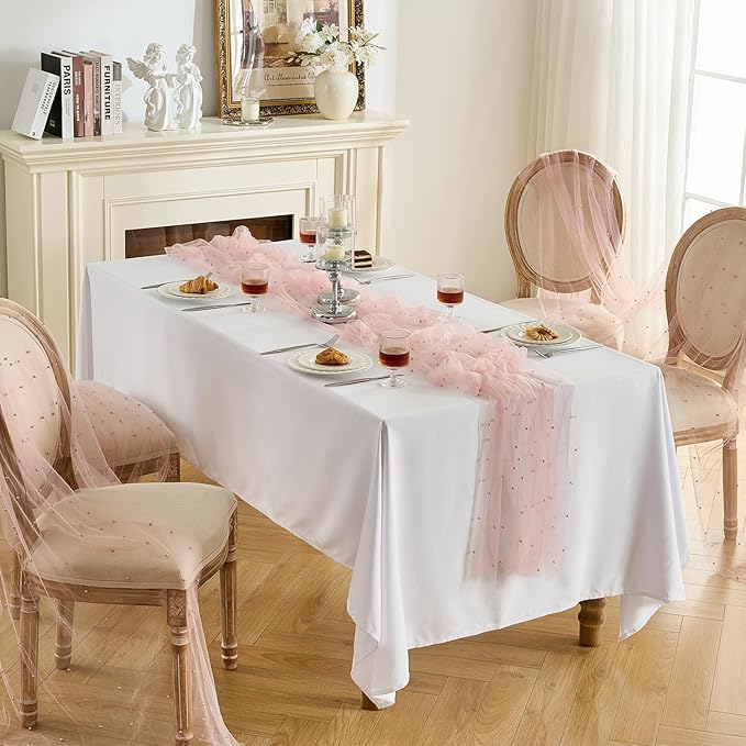 Fanami 3 Pack Pearl Table Runner -10FT Dusty Pink Boho Tulle Table Runners 120 Inches Long Rustic Sheer Lace Fabric Centerpieces for Wedding Arch Birthday Party Bridal Veil Baby Shower Decorations