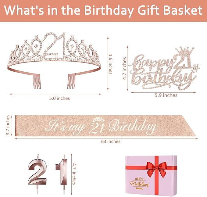 21st Birthday Decorations for Her, Including 21st Birthday Sash and Tiara, Cake Topper, Candles, 21 Year Old Gifts for Her