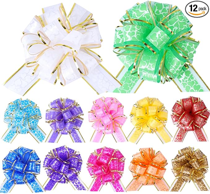 12Pcs Heart Gift Wrap Pull Bows, Large 6 Inch Assorted Gift Pull Bows, for Presents,Christmas Party Birthday Gift for Wrapping Boxes,Valentine's Day Gift Decorations