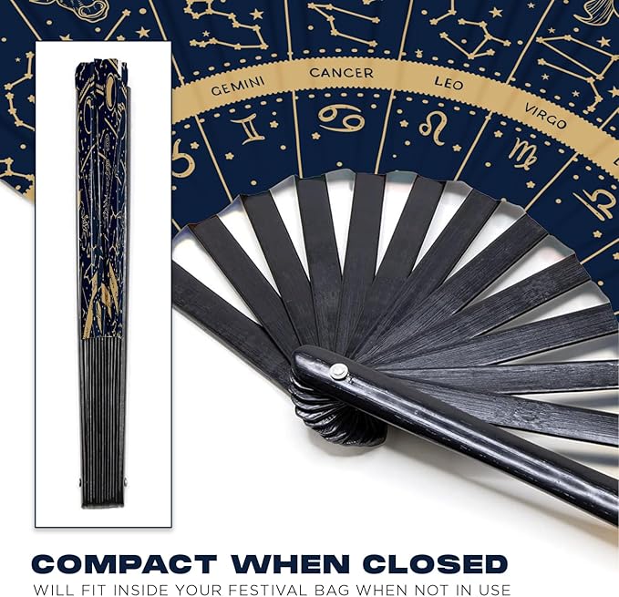 GloFX Rave Fan - Zodiac Signs - Large Folding Hand Fan Astrological Signs Designs for Festival Outfits, Cosmic Events - Perfect Accessory for Astrology Enthusiasts and Stargazers
