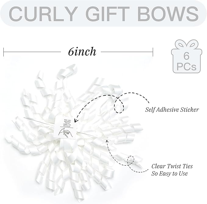 6 Inch White Curly Bows for Gift Wrapping Set of 6, Self Adhesive Bows White Gift Bows for Presents, Satin Ribbon Bows for Birthday, Wedding, Christmas, Bridal Shower, Gift Wrap Accessory