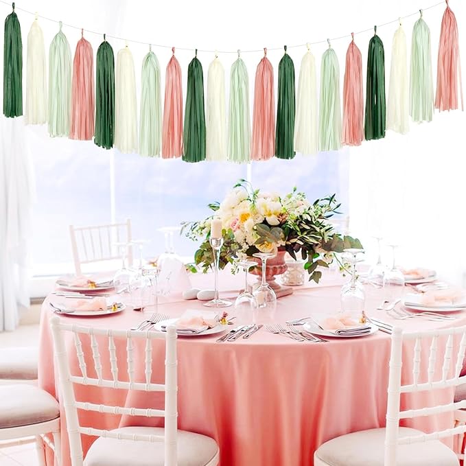 Sage-Olive Green Pink-Beige Boho Party Decorations -23pcs Rustic Neutral Wedding Paper Tissue Pom Poms Streamers,Tassel Garland Banner,Birthday Baby Bridal Shower Engagement Decor Lasting Surprise