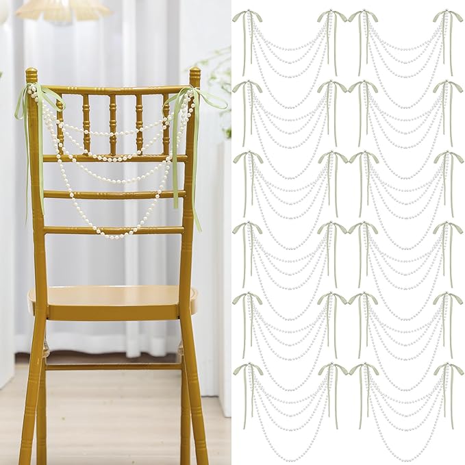 16 Pcs Wedding Pearl Bow Chair Decor Satin Ribbon Bows with Pearl Beaded String Garland Aisle Chair Sashes Decorations for Ceremony Coquette Party Banquet Decor (Sage Green)