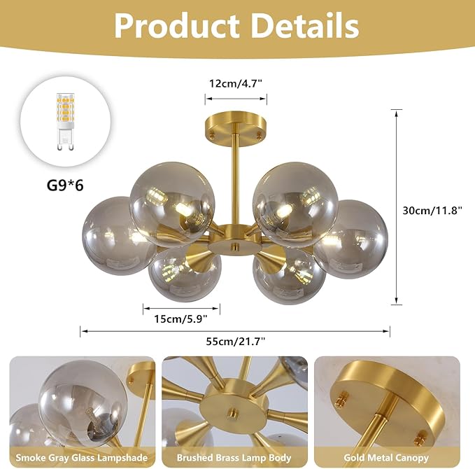 KCO 6-Lights Mid Century Modern Globe Ceiling Light Gold Sputnik Chandelier Smoke Gray Glass, Home Office