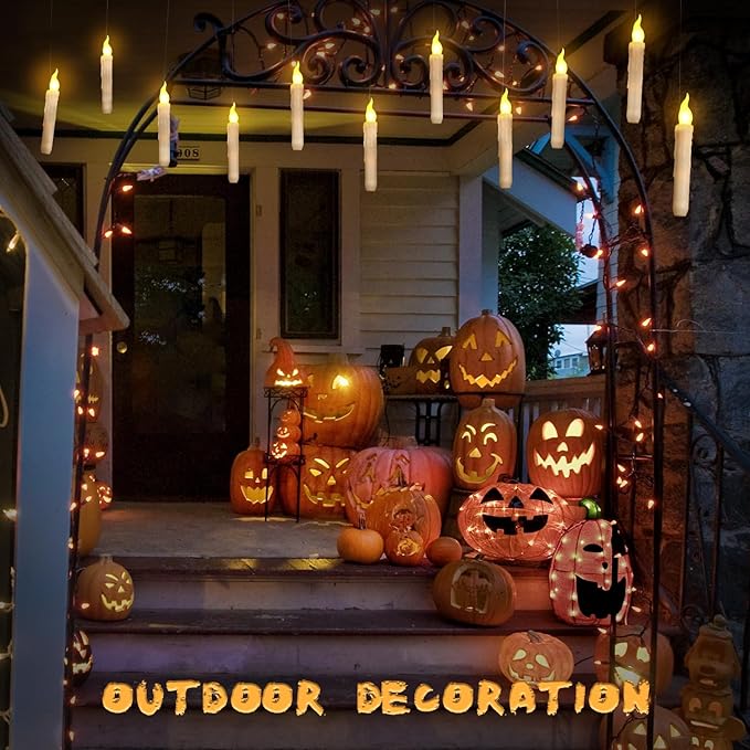 Floating Candles with Wand Remote, Magic Floating Halloween Candles, Flameless LED Flickering Witch Decor Hanging Candles for Halloween Christmas Birthday Party Room Ceiling Decorations, Pack of 12