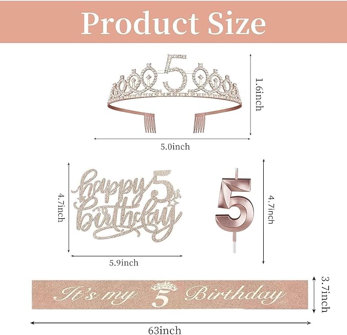 5th Birthday Decorations for Girls, Including Sash, Crown/Tiara, Candles, Cake Topper, 5th Birthday Gifts for Girls