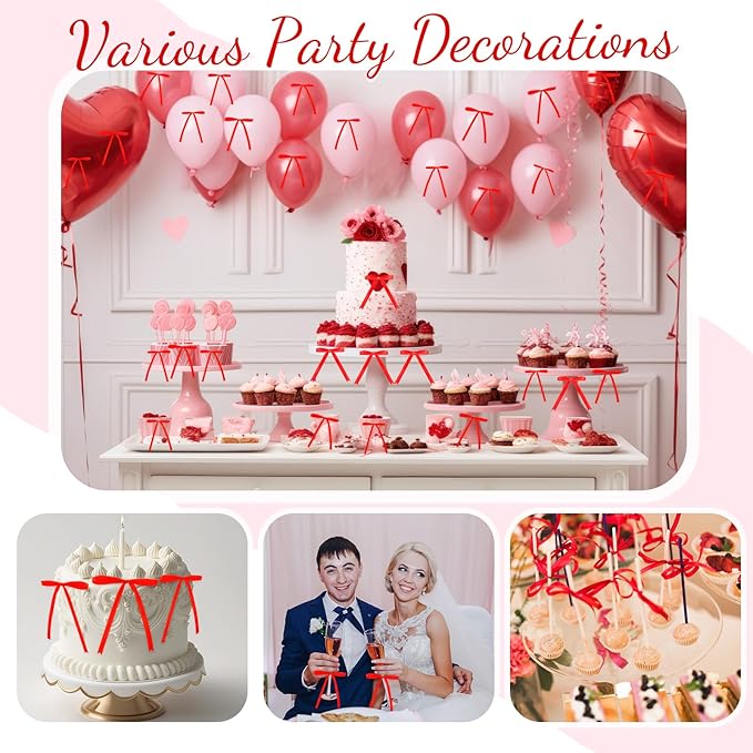 Riceshoot 50 Pcs Twist Tie Bows for Cake 3x4.5 Inch Satin Ribbon Bows for Gift Wrapping Treat Bags Craft DIY Wedding Baby Shower Birthday Party(Red)