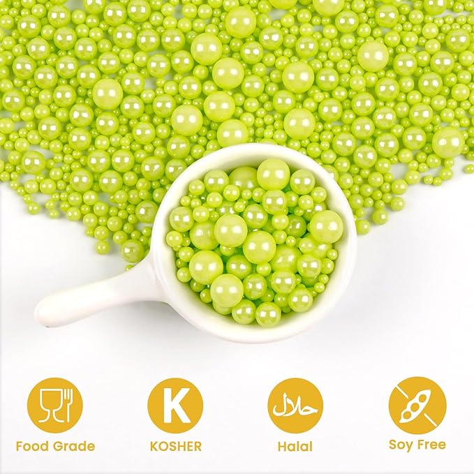 Edible Green Pearl Sprinkles, Sugar Pearls for Cake Decorating, 180g/6.35oz, Cupcake Toppers, Baking Cake Decorations, Cookie Decoration, Wedding Party Chirstmas Halloween Supplies