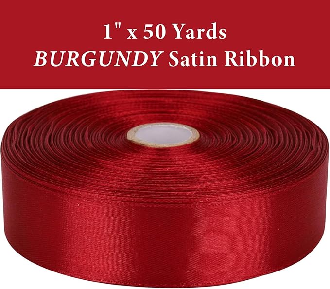 1" x 50 Yards Burgundy Satin Ribbon Single Faced Fabric Ribbons for Gift Wrapping, Crafting, Bows Making, Flower Bouquet, Wedding, Home Decor