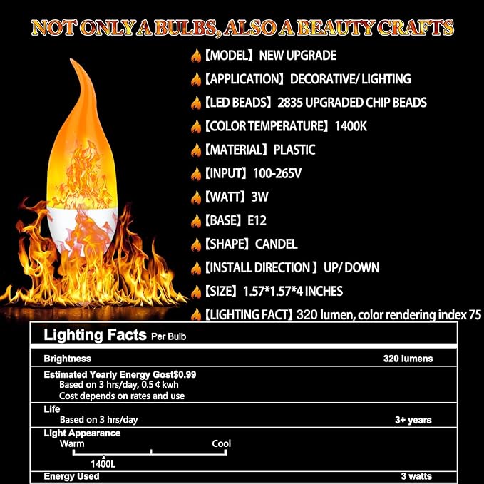 E12 LED Flickering Candelabra Flame Effect Light Bulbs - Upgrade Flicker Candelabra Torch Fire Effect Lights Bulbs for Outdoor Halloween Xmas Holiday Decorations Indoor Lamp (6 Pack)