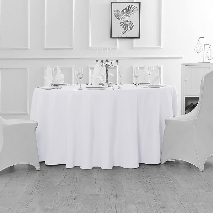 Fokitut 6 Pack Waterproof Round Tablecloth, 120 Inch, Stain Resistant and Wrinkle Polyester Table Cloth, Fabric Table Cover for Kitchen Dining, Wedding, Party, Holiday Dinner-White