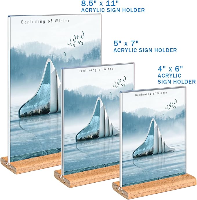 Kersally Acrylic Sign Holder 5 x 7, 3 Pack Double-Sided Clear Table Display Stands with Wood Base,Vertical Acrylic Frame Menu Flyer Paper Holder for Stores, Restaurants, Hotels, Office, Show Fair