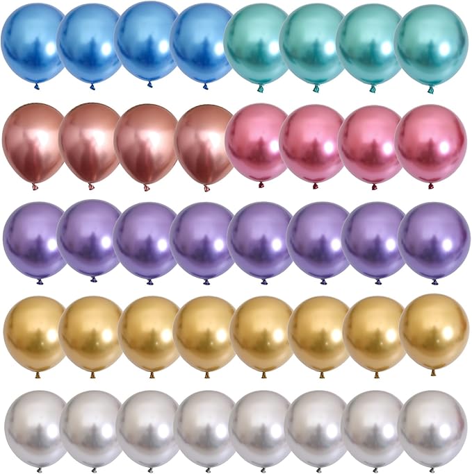 Metallic Balloons, 12 Inch Rainbow Chrome Balloons, 35Pcs Assorted Colors Multicolor Metallic Purple Red Green Blue Silver Rose Gold Latex Balloons for Kids Birthday Wedding Carnival Party Decorations