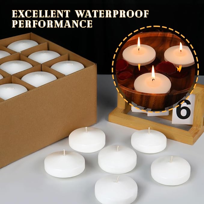 3 inch White Floating Candles, 60 Pack Unscented 3” Floating Candles for Centerpieces,8-9 Hours Water Activated Candle Bulk for Cylinder Vases Wedding Pool