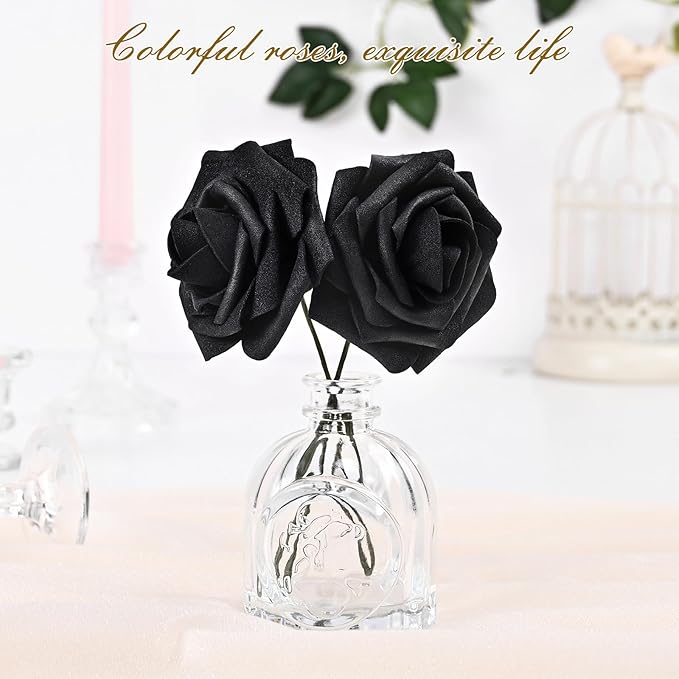 BLEUM CADE 16Pcs Artificial Flowers Fake Roses with Stems, Black Boxed Foam Roses for DIY Bouquets Centerpieces Wedding Party Arrangement Bridal Shower Decor