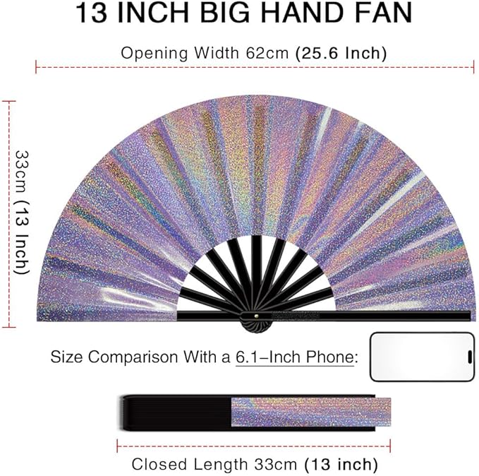 13" Large Folding Rave Fan with Holster, Clack Hand Fans Foldable for Line Dancing, Boots On The Ground Fan for Women Men Festival EDM Party Decoration, Lridescent Purple 2 Pack