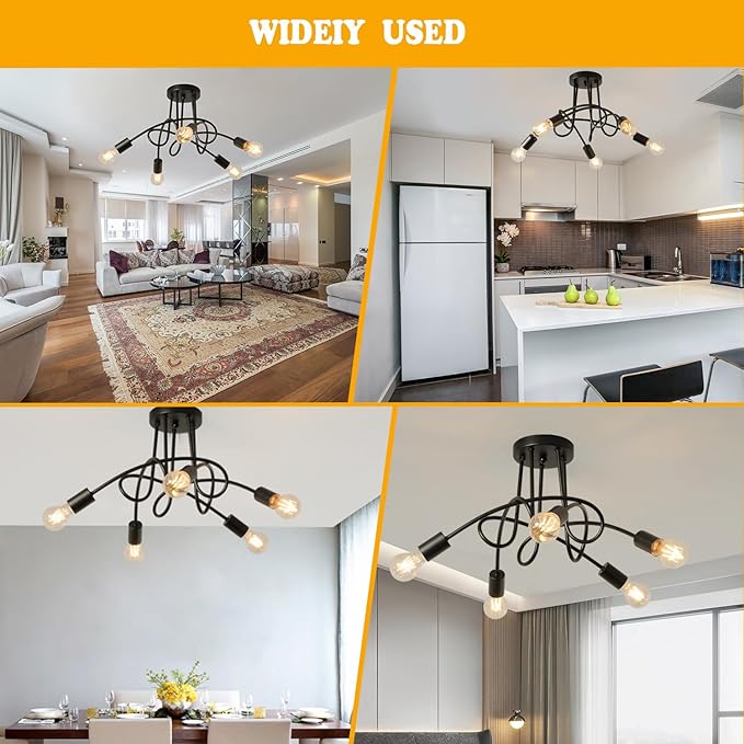 Modern Farmhouse Chandelier,25 Inch Black Metal Spiral Rustic Vintage Semi Flush Mounted Ceiling Light Fixture for Dining Room Bedroom Kitchen Island Hallway Foyer Entryway(5-Light)