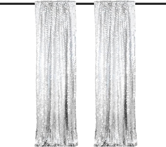 JYFLZQ Silver Payette Sequin Backdrop Curtains 4ft x 8ft 2 Panels Shimmer Wall Backdrop Big Sequin Background Thick Glitter Photo Booth Backdrops for Birthday Christmas Wedding Parties