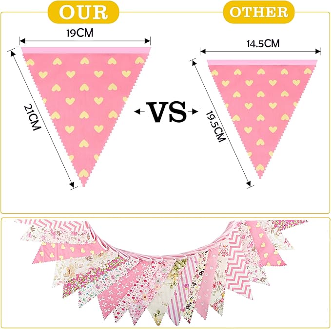 jijAcraft 39Ft Triangle Bunting Banner, 42Pcs Tea Floral Party Bunting Cotton Fabric Flags Pennant Garlands for Birthday Party, Wedding, Baby Shower, Outdoor and Home Decorations (Pink)
