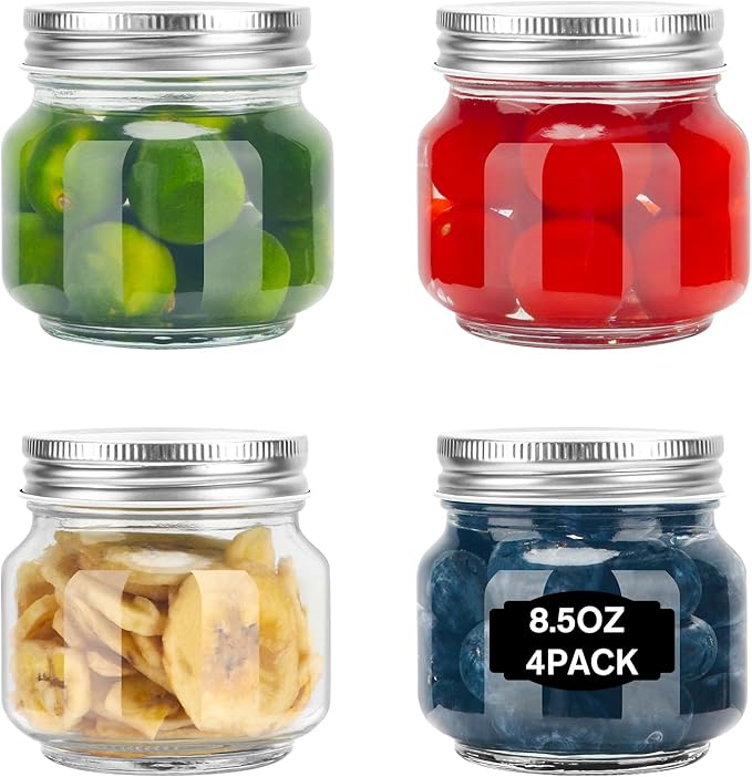 Glass Mason Jars, 4 Pack 8.5oz Clear Glass Regular Mouth Canning Jars with Lids for Sealing, Ideal for Food Storage, Snacks, Candies, Jam, Honey, Wedding Favors, Shower Favors, DIY Projects