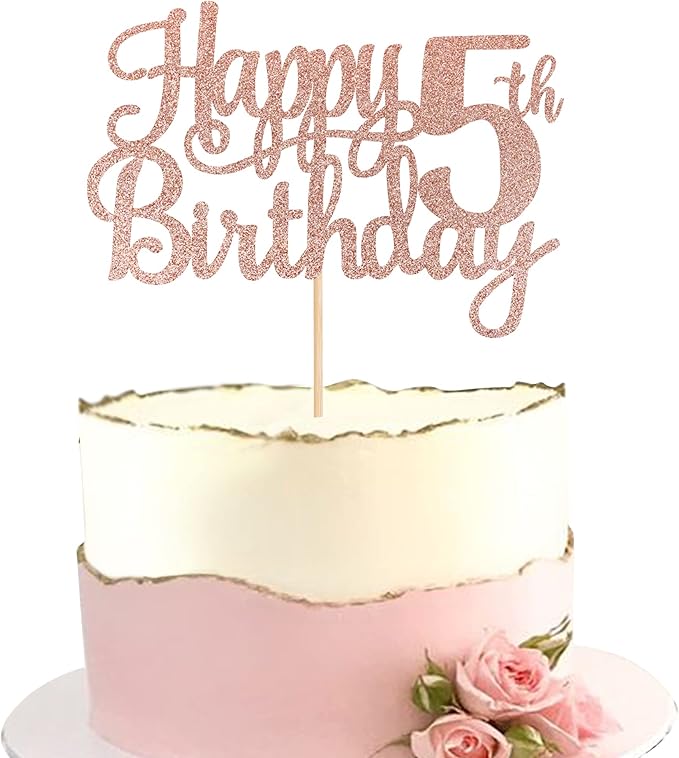 1 PCS Happy 5th Birthday Cake Topper Glitter Cheers to 5 Years Cake Pick Number 5 Fabulous Cake Decoration for 5th Birthday Theme Party Decorations Supplies Rose Gold