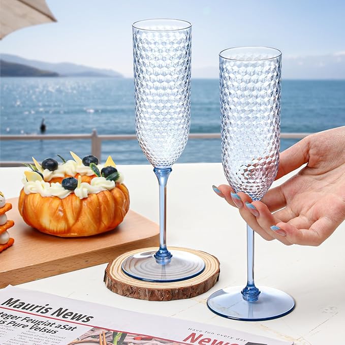 XUWAIDSGN 100 Pack Blue Detachable 2 piece Champagne Flutes 5.5 Oz Unbreakable Plastic Mimosa Disposable Champagne Glasses Drinking Cups Stemmed Reusable Wine Toasting Glasses for Wedding