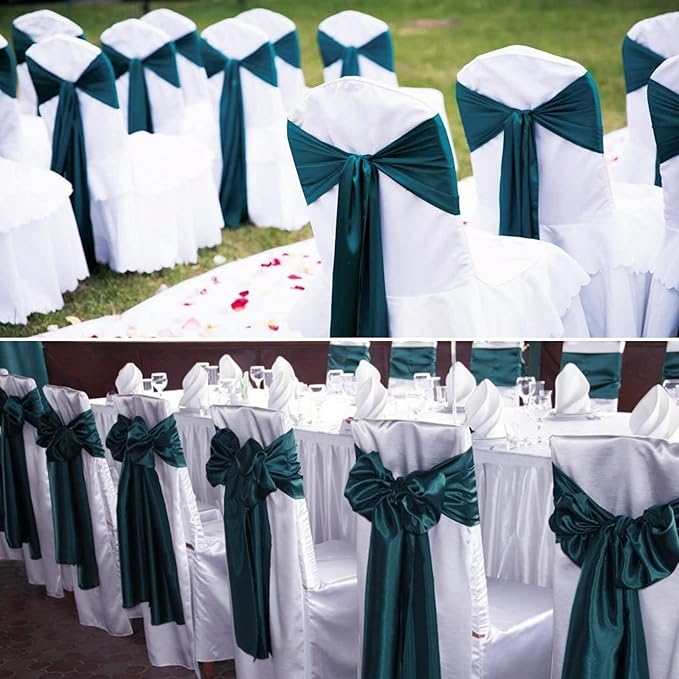 100 PCS Satin Chair Sashes Decorative Bows Universal Satin Chair Sashes Ties Ribbon Bow Chairs Cover Band for Wedding Birthday Party Ceremony Reception Banquet Restaurant Decor(7x108inch,Forest Green)