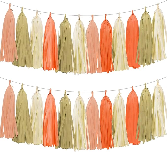 Tissue Paper Tassel Garland Banner, 20 Pack, Pink Orange Ivory Brown, Boho Party Decorations for Birthday, Baby Shower,Bridal