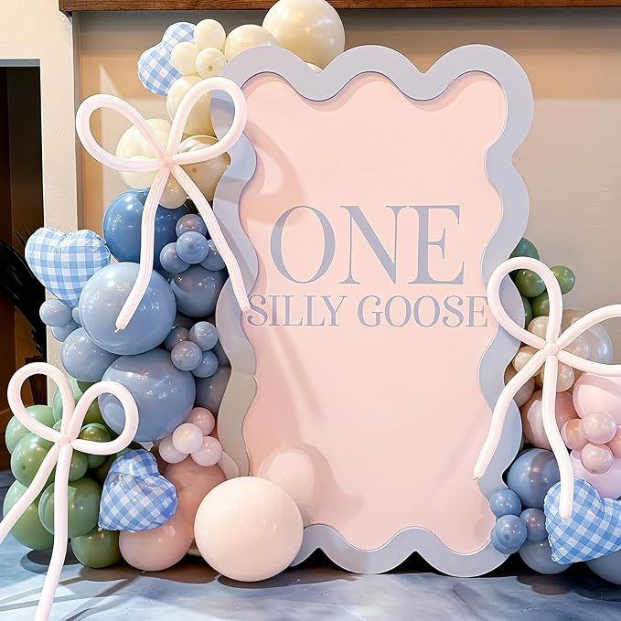 Blue White Checkered Heart Balloons,12Pcs 18Inch Light Blue Grid Heart Shaped Foil Helium Polyester Film Balloons for One Silly Goose Birthday Baby Shower Party Decorations