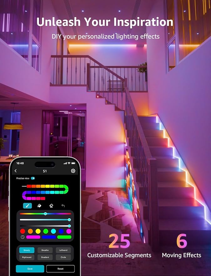 Lepro S1 AI LED Strip Lights for Bedroom - 16.4ft Smart RGB Light Strips with IC and Rainbow Chasing Effects, Color Segment DIY, AI Generated Lighting, No Remote, 2.4G Wi-Fi & Bluetooth