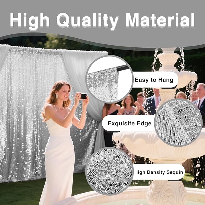 VOK Silver Sequin Backdrop Curtains 2 Panels 2FTx8FT Glitter Photography Background for Wedding Birthday Christmas Party Decorations