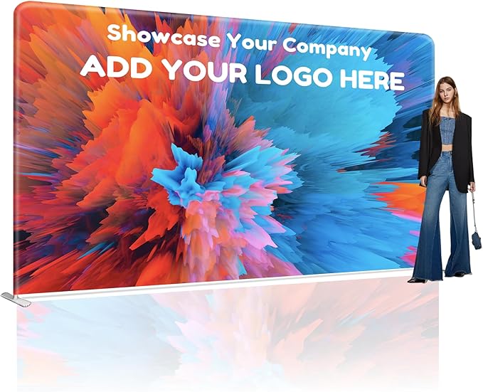 Custom Stand Backdrop with Aluminum Stand, 7.5x13.2ft Commercial Tension Fabric Banner, Single-Sided Printing for Trade Show, Weddings, Party, Business