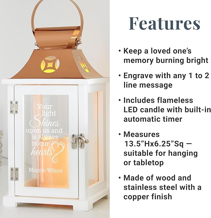 Let's Make Memories Personalized Memorial Lantern - Sympathy - Condolences - LED Candle - Automatic Timer - Wood/Stainless Steel - Copper Finish - Keep The Light On