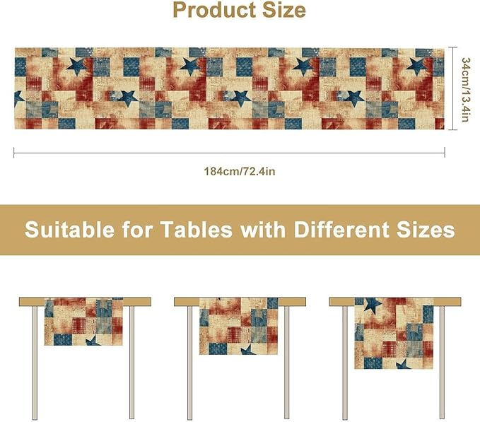 4th of July Table Runner, Rustic Vintage Country Red White Blue American Stars Independence Day Print Table Cover for Farmhouse Kitchen Dining Table Decor, 13x108inch