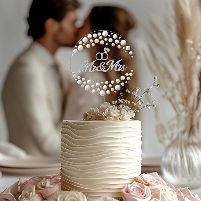 Mr & Mrs Wedding Cake Topper, Contemporary Bride and Groom Sign Rustic Resin Décor for Engagement & Anniversary, Bridal Shower & Party Celebrations (Transparent acrylic & Pearl)