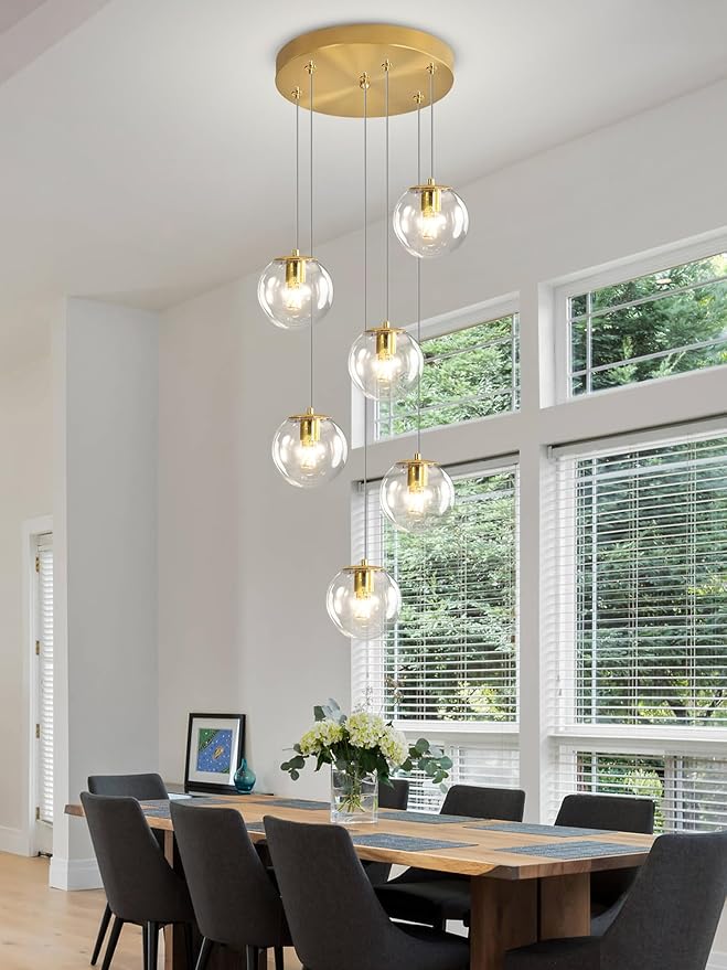 H 87in Modern Glass Globe Chandelier 6-Lights Pendant Light for Staircase Mid Century Globe Chandelier Clear Glass Hanging Lighting for Living Room Bedroom Entryway