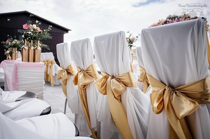 100 PCS Satin Chair Sashes Decorative Bow Chair Sashe Ties Chair Ribbon Bows Chair Cover Band for Wedding Birthday Party Ceremony Reception Hotel Events Banquet Home Kitchen Decor(7x108inch,Champagne)