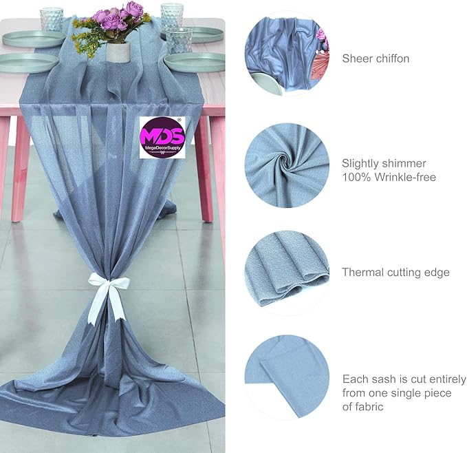 MDS 10 Pack 10ft Chiffon Table Runner 29 x 120 Inches Sheer Wedding Runner Romantic Rustic Table Runner for Wedding Decorations, Birthday Parties, Bridal Shower Party Arch Decor - Dusty Blue