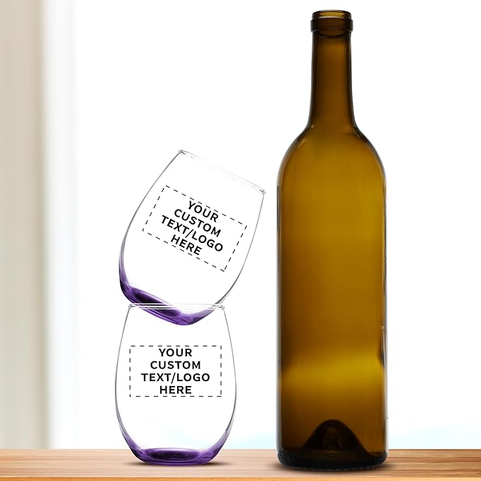 Custom Stemless Wine Glass 9 oz. Set of 100, Personalized Bulk Pack - Great for Wedding Favors, Bachelorette Party Decorations, Party Favors, Color Bottom - Purple