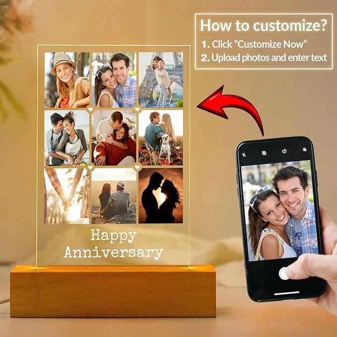 Personalized Anniversary Couple Gifts for Women and Men, Custom Picture Frames with Photo, Personalized Photo Frame with Night Light, Customized Picture Frame, Personalized Birthday Gifts for Her and Him