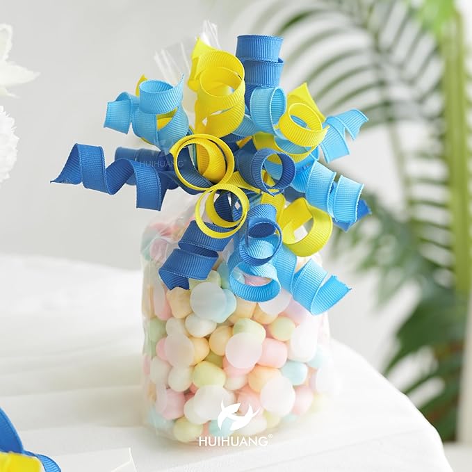 HUIHUANG Baby Shower Bows for Gift Wrapping, Curly Ribbon Bows Self Adhesive Burst Gift Bow for Baby Birthday, Baby Boy Shower Party Favors, Wine Bottle, Treat Bags- 6 Counts