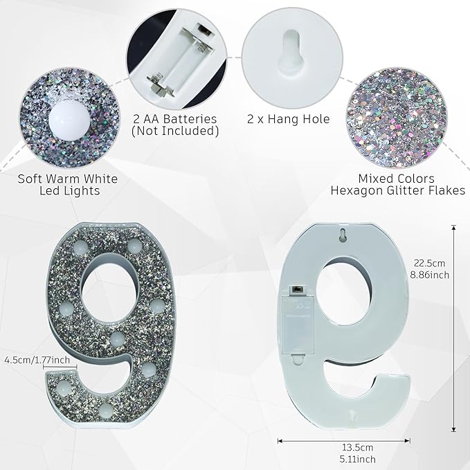 Marquee Light Letters for Table Decorations, Glitter Light Up Signs for Prom, Events, or Engagement Party Decor, Featuring Alphabet & Number Lighted Letters, Number 9